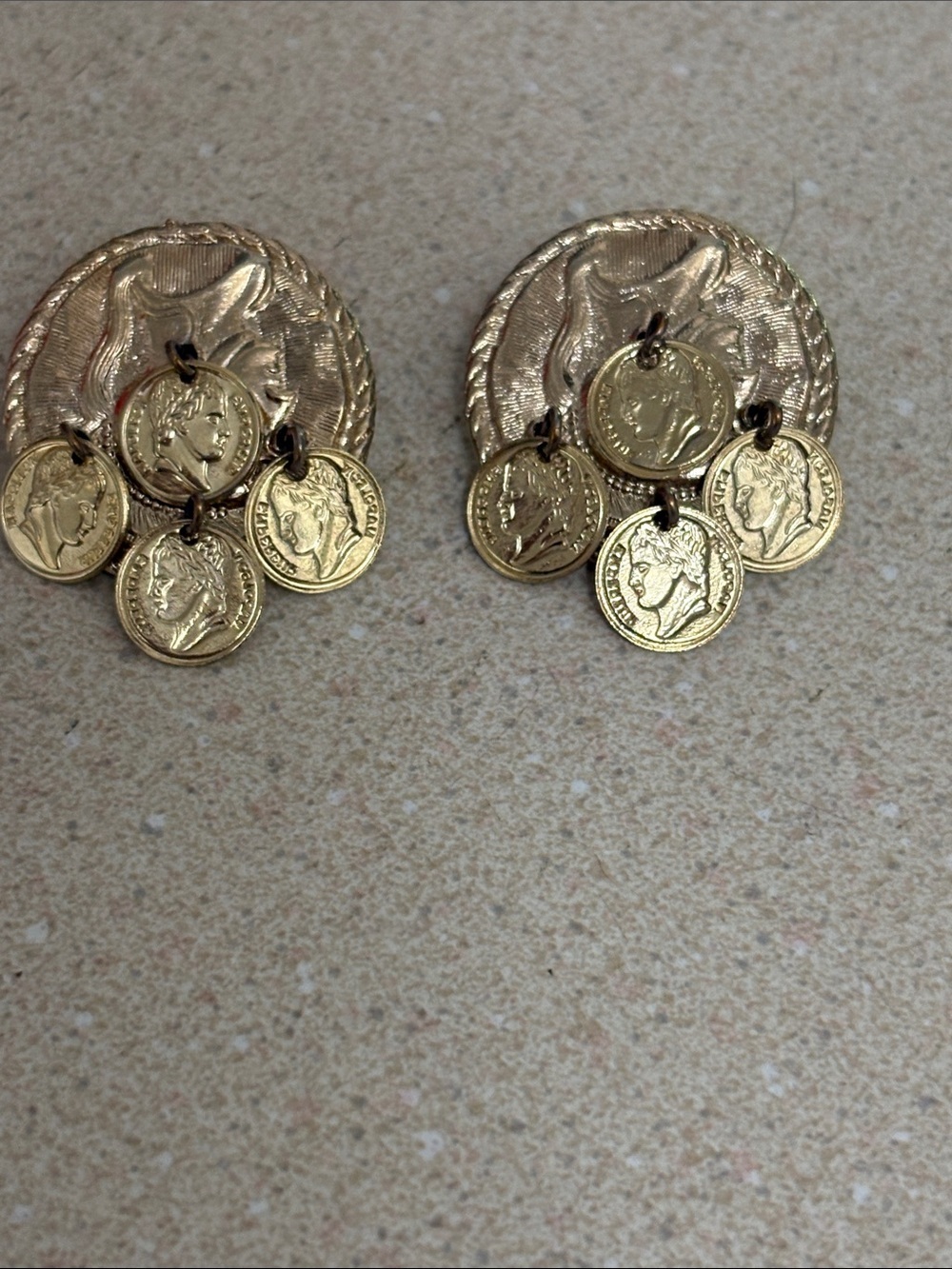 Vintage Gold Coin Dangle Clip-On Earrings